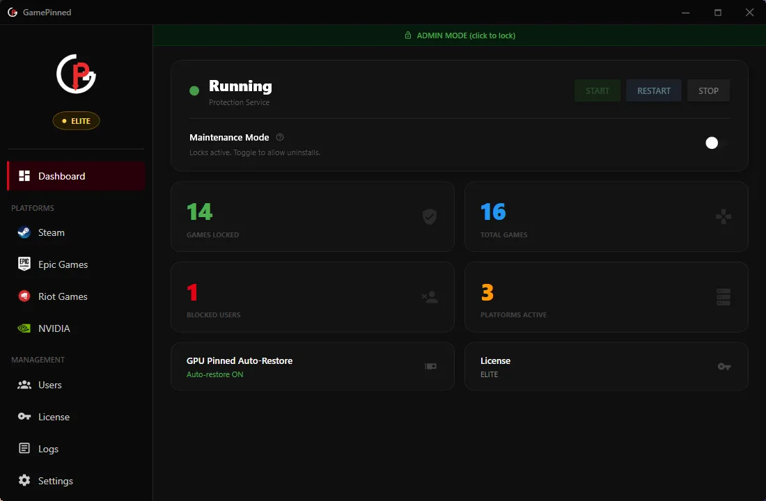 GamePinned dashboard: protect games on Steam, Epic Games, and Riot Games