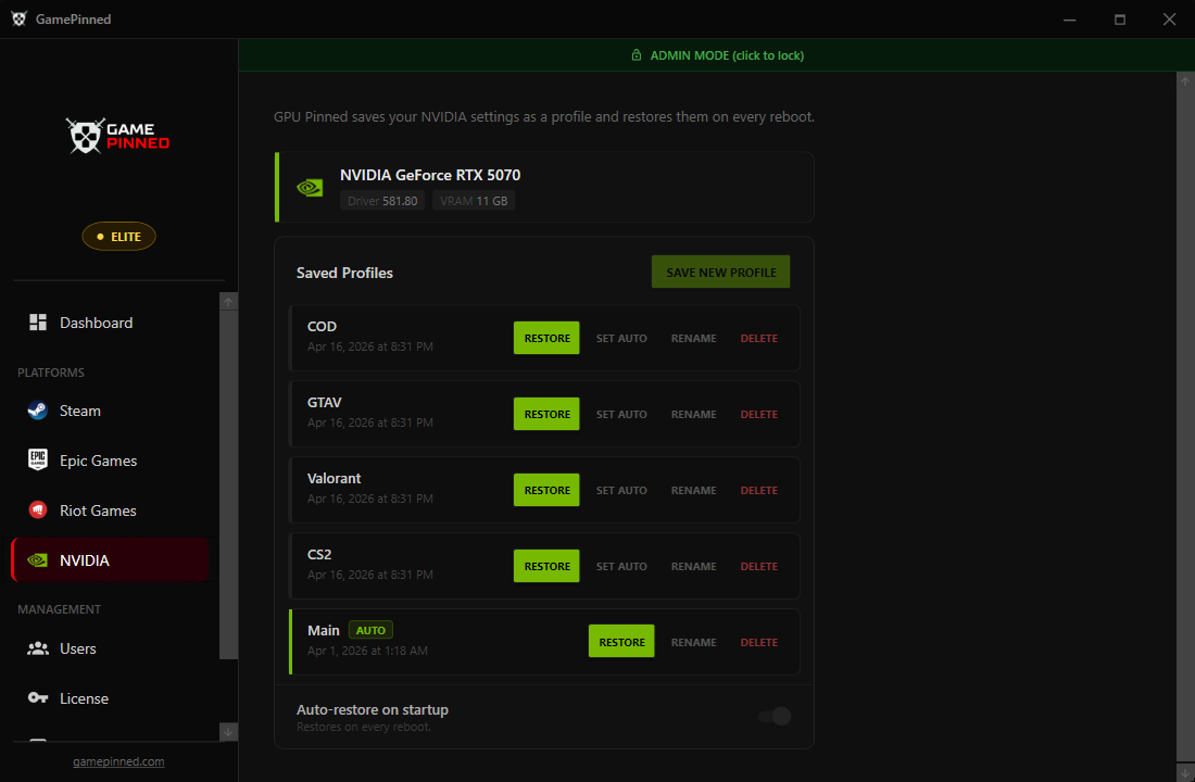GPU Pinned profile management