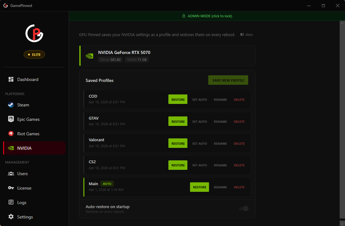 GPU Pinned profile management